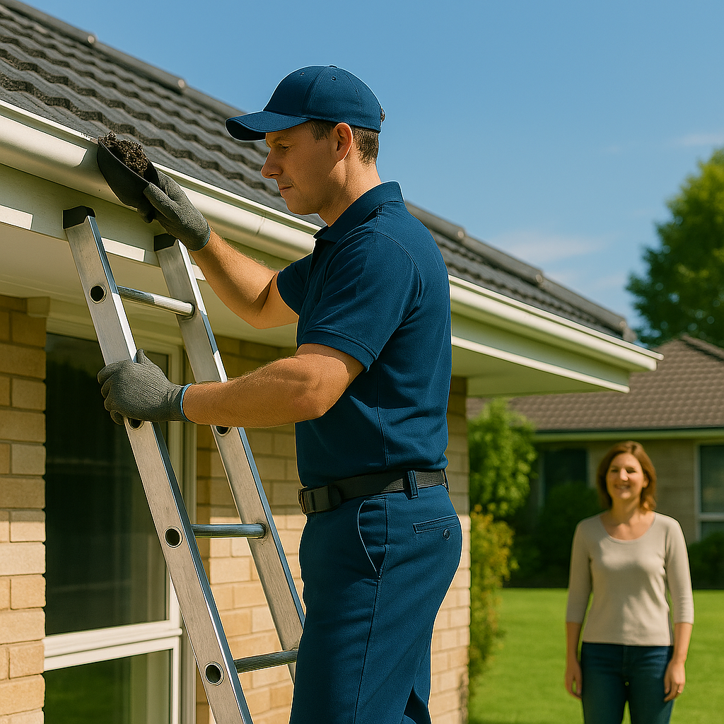 Gutter Clean Adelaide Home professional gutter cleaner on ladder